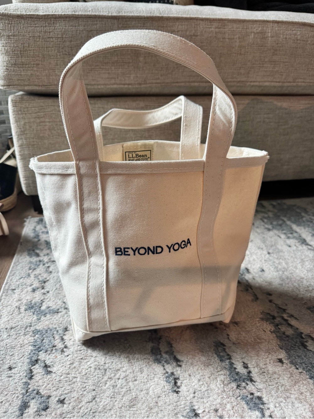 L.L. Bean Cream Canvas Tote with Navy "BEYOND YOGA" Embroidery